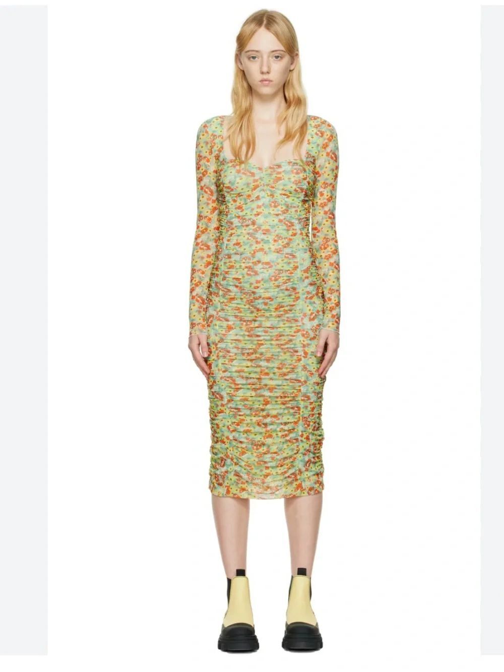 Ganni Green Floral Ruched Long-Sleeve Midi Dress Sz 36 NWT